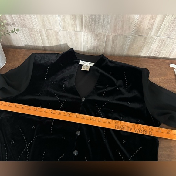 J R Nites by Carol Lin Velvet Black Beaded Women's Blouse Top Sheer Sleeves - Picture 9 of 11